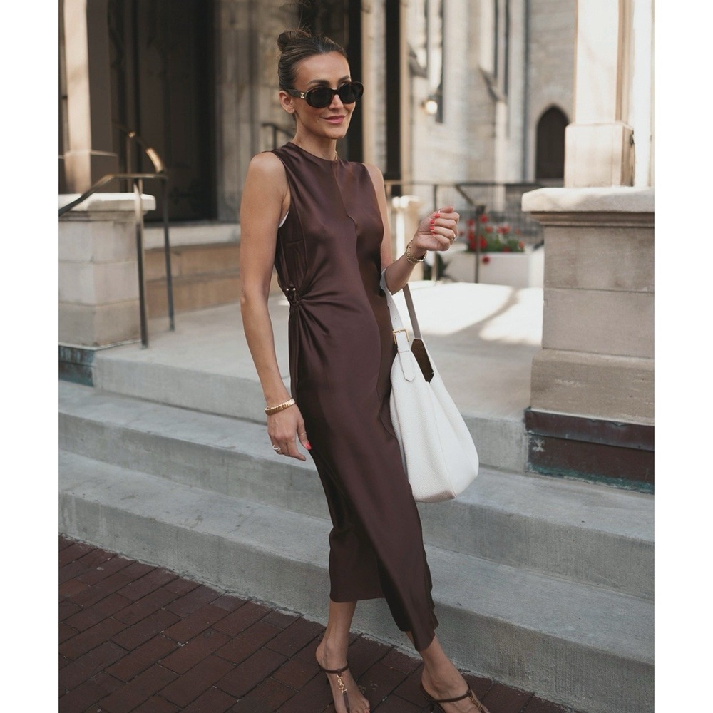 LilySilk $249 Mulberry Silk Chocolate A Line Dress Cut‎ Metal Ring Size 6